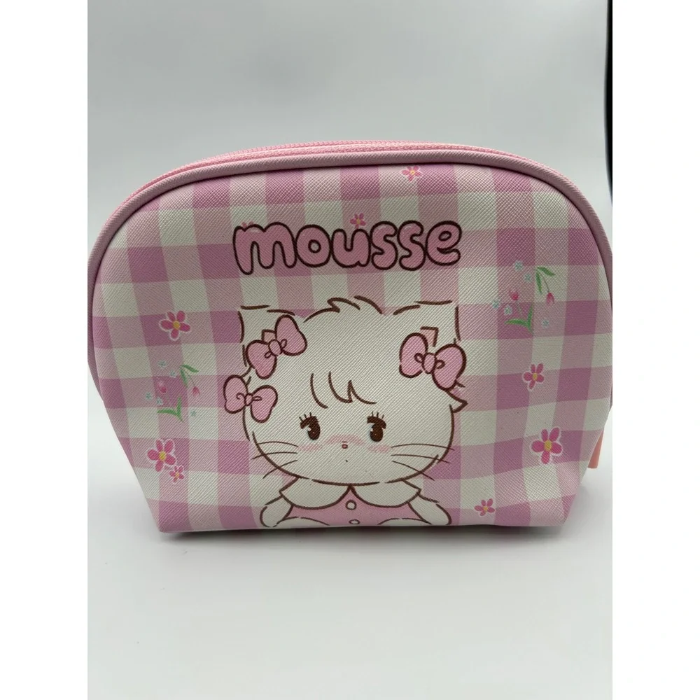 Mousse Cat Pink Gingham Cosmetic Bag Zippered Makeup Pouch Travel Case